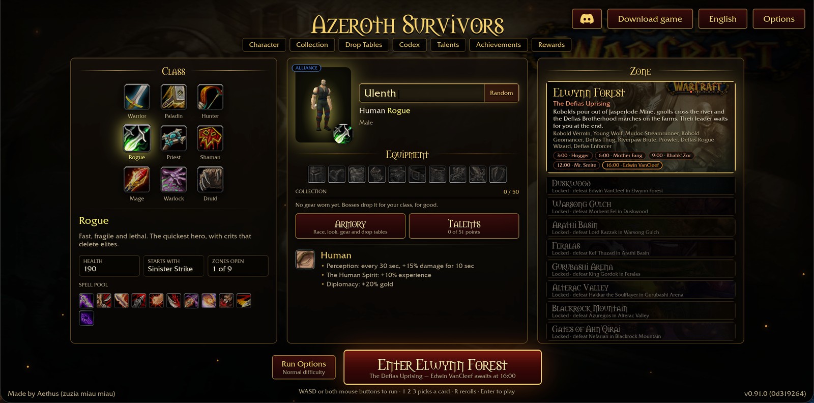User-provided original Azeroth Survivors v0.91.0 character-selection screen with Rogue selected and the Elwynn Forest zone panel.