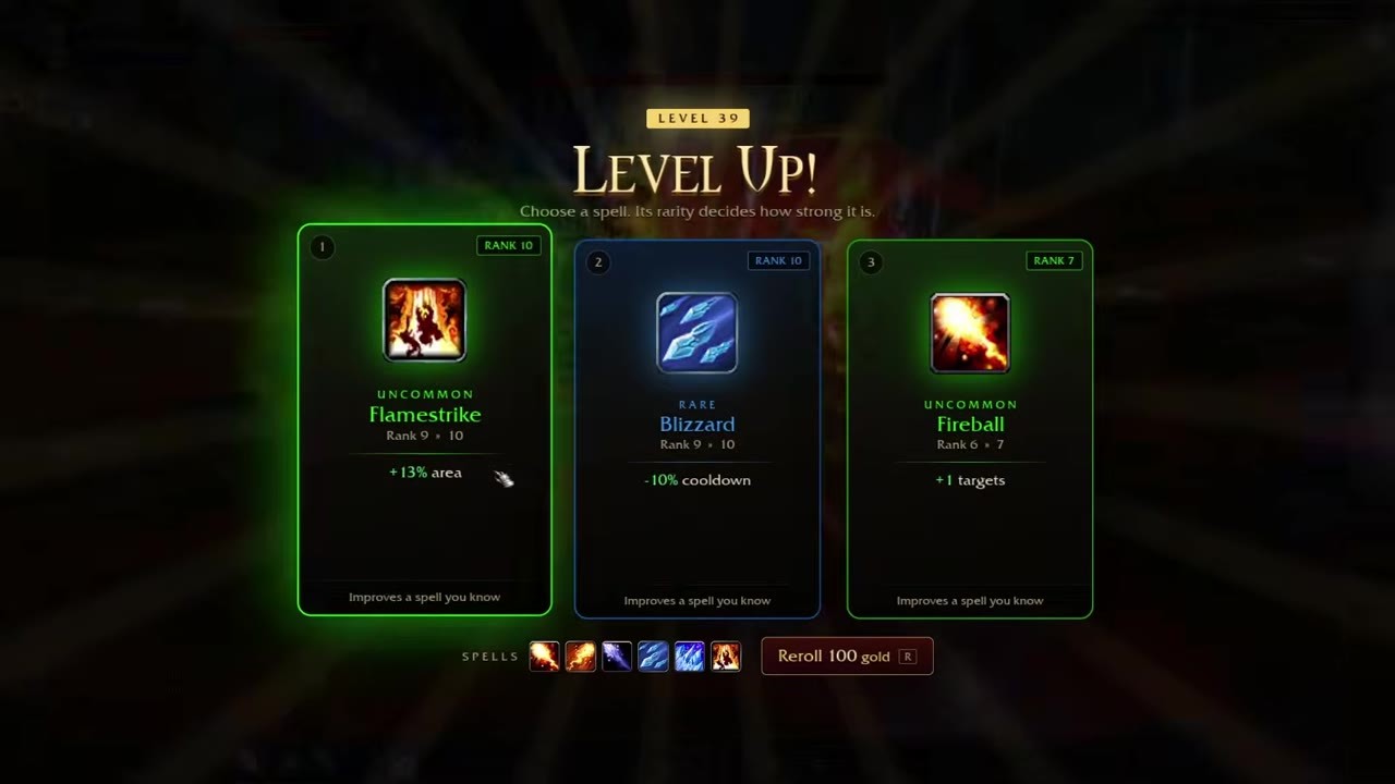 A Mage level-up offers area for Flamestrike, cooldown reduction for Blizzard and an extra Fireball target.