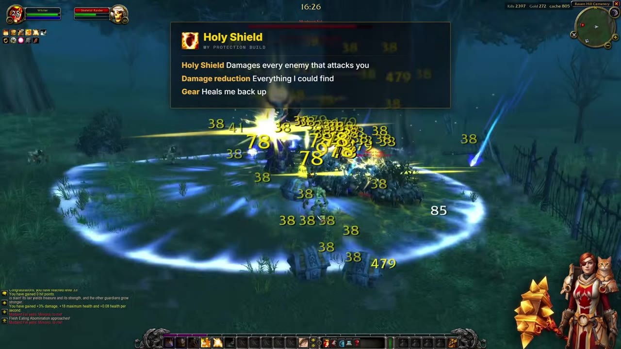 Whiter's Paladin combat footage includes an overlay explaining Holy Shield, damage reduction and healing equipment.